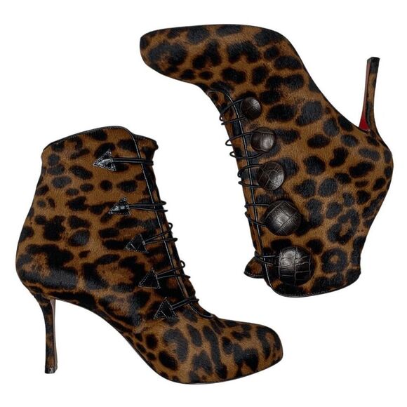 Christian Louboutin Booton 85 Boots EU 36.5 Calf Hair Brown Animal Print Heels - Picture 4 of 11